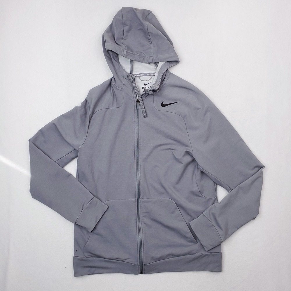 Nike Pro Training Hoodie Mens‎ Medium Gray Performance Full Zip Dri Fit Stretch